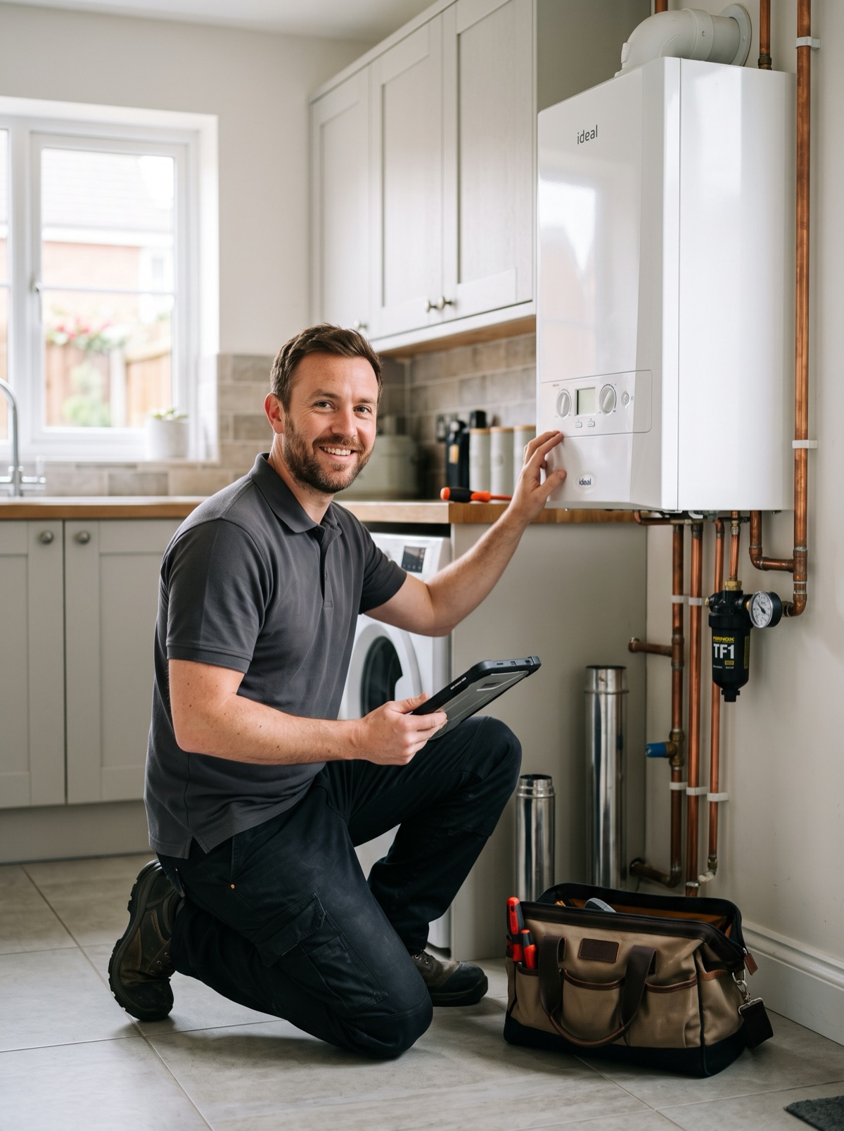 Friendly local Gas Safe heating engineer servicing a boiler