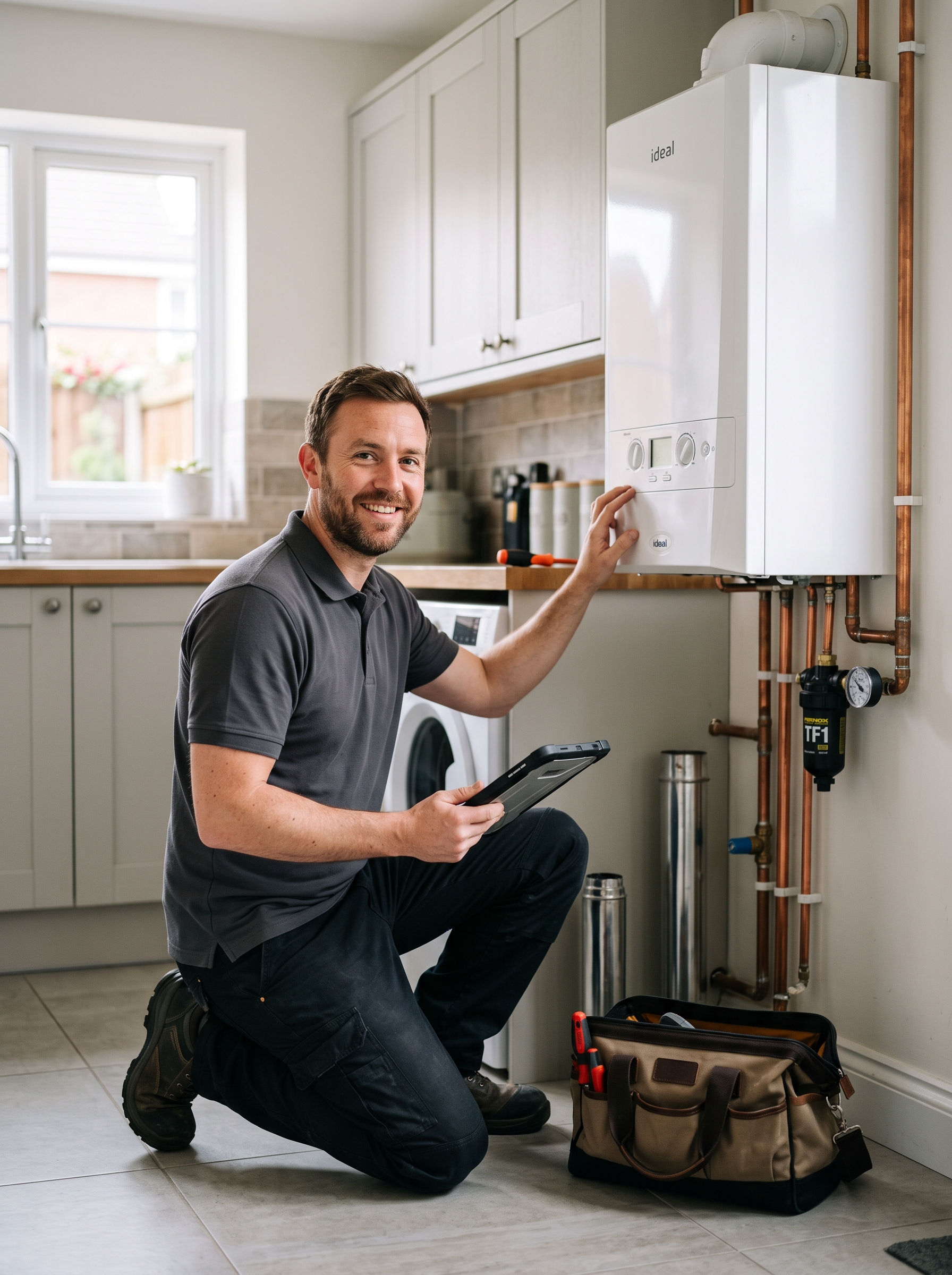 Friendly local Gas Safe heating engineer servicing a boiler